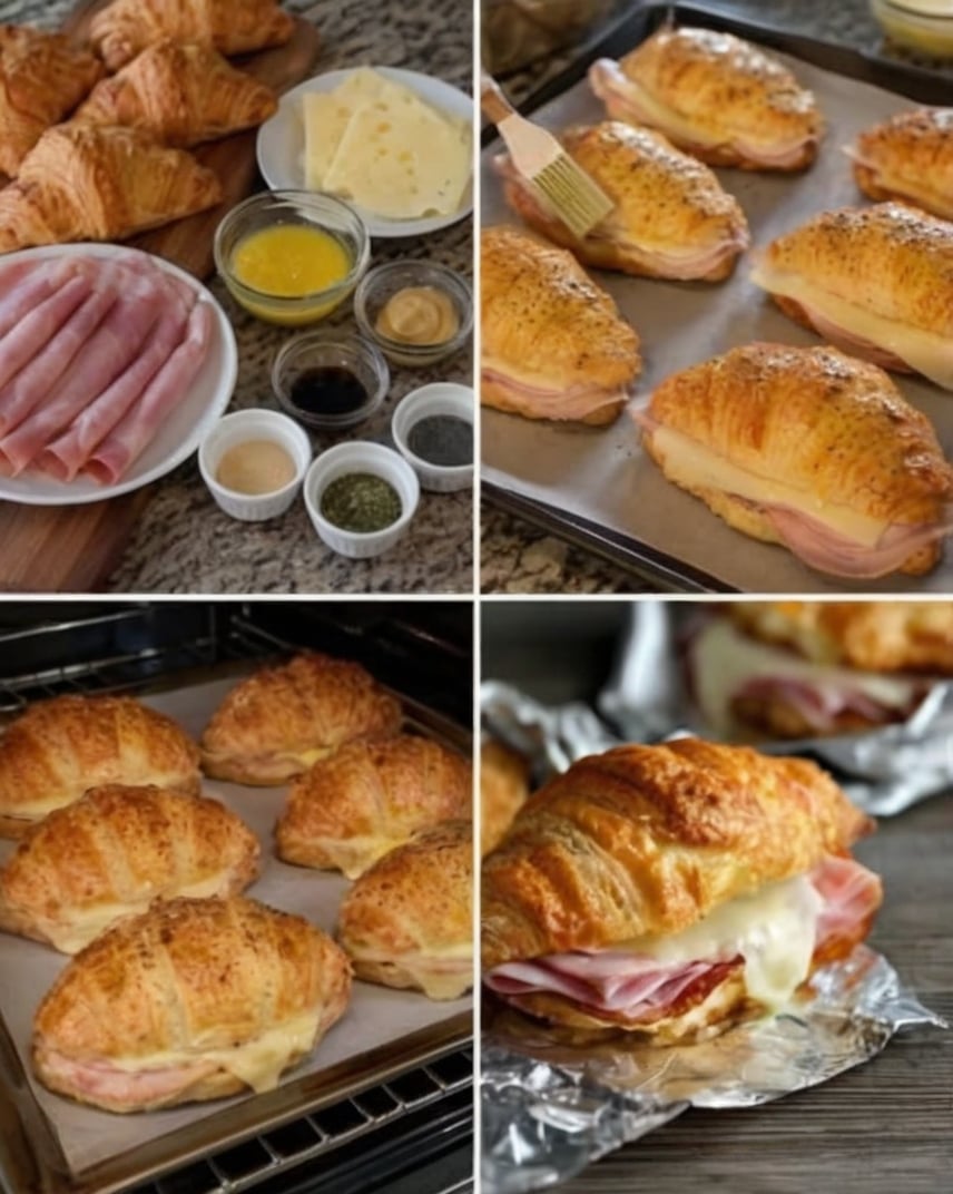 Flaky croissants filled with deli ham and melted Swiss cheese, brushed with butter, topped with sesame seeds, and baked until golden brown. Perfect for brunch, holiday breakfasts, entertaining, and meal prep.