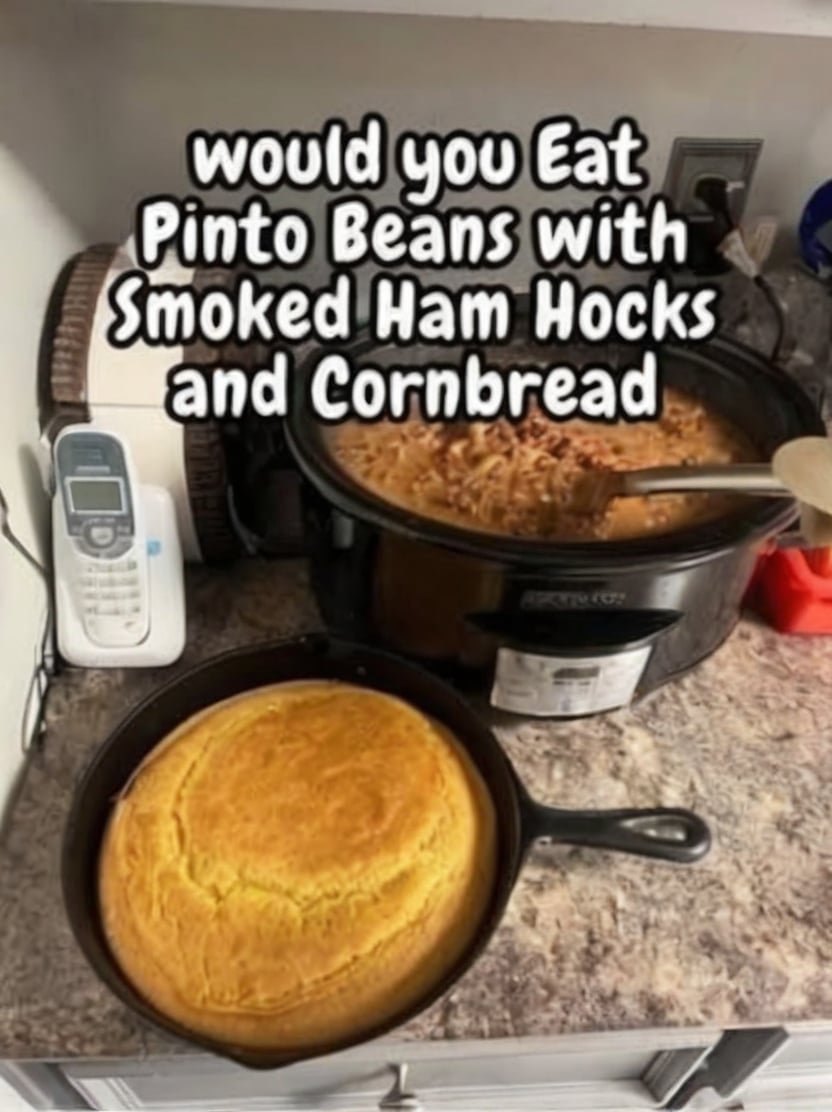 Creamy slow cooker pinto beans simmered with smoked ham hocks and served with fluffy homemade cornbread. This classic Southern comfort food is hearty, flavorful, and perfect for Sunday dinner or any cozy family meal.