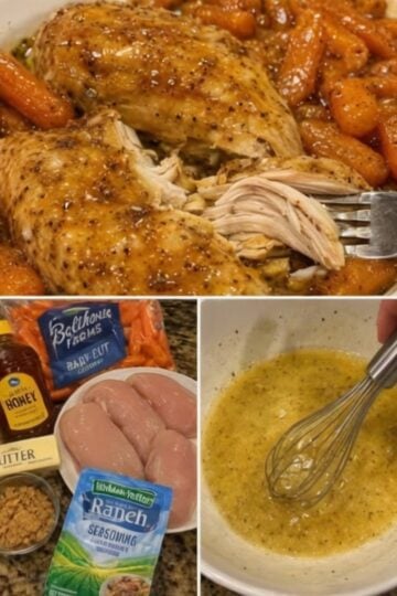 Tender slow cooker chicken coated in a rich honey butter ranch sauce and paired with sweet glazed carrots. An easy crockpot dinner perfect for busy families, meal prep, and comfort food lovers.