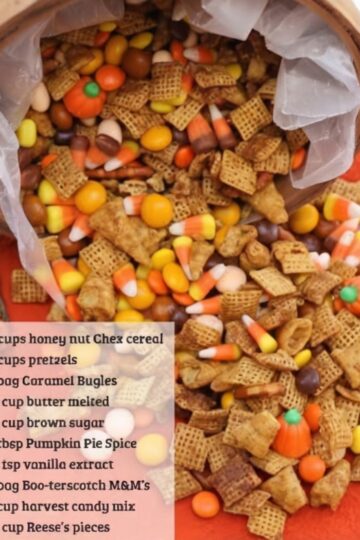 A sweet and salty pumpkin spice snack mix loaded with Honey Nut Chex cereal, pretzels, caramel Bugles, candy corn, Reese’s Pieces, and fall M&M's. Perfect for Halloween parties, movie nights, football gatherings, and Thanksgiving celebrations.