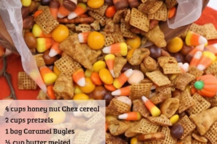 A sweet and salty pumpkin spice snack mix loaded with Honey Nut Chex cereal, pretzels, caramel Bugles, candy corn, Reese’s Pieces, and fall M&M's. Perfect for Halloween parties, movie nights, football gatherings, and Thanksgiving celebrations.