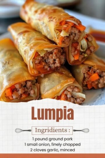 Traditional Filipino pork lumpia filled with seasoned ground pork, carrots, cabbage, green beans, garlic, and onions wrapped in thin spring roll wrappers and fried until perfectly crispy and golden brown.