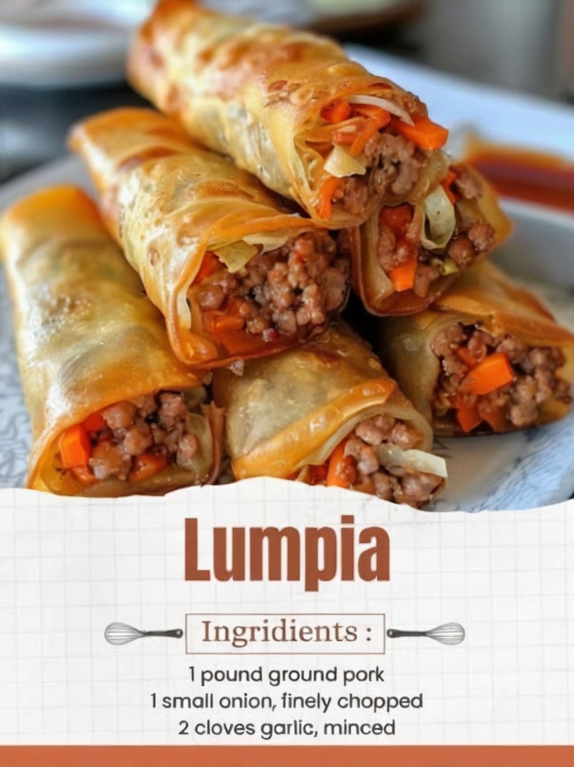 Traditional Filipino pork lumpia filled with seasoned ground pork, carrots, cabbage, green beans, garlic, and onions wrapped in thin spring roll wrappers and fried until perfectly crispy and golden brown.