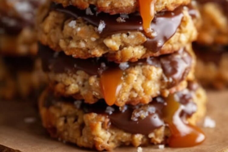 Easy no-bake oatmeal cookies loaded with rich chocolate, gooey caramel, and flaky sea salt. A quick dessert recipe that's perfect when you need something sweet without turning on the oven.
