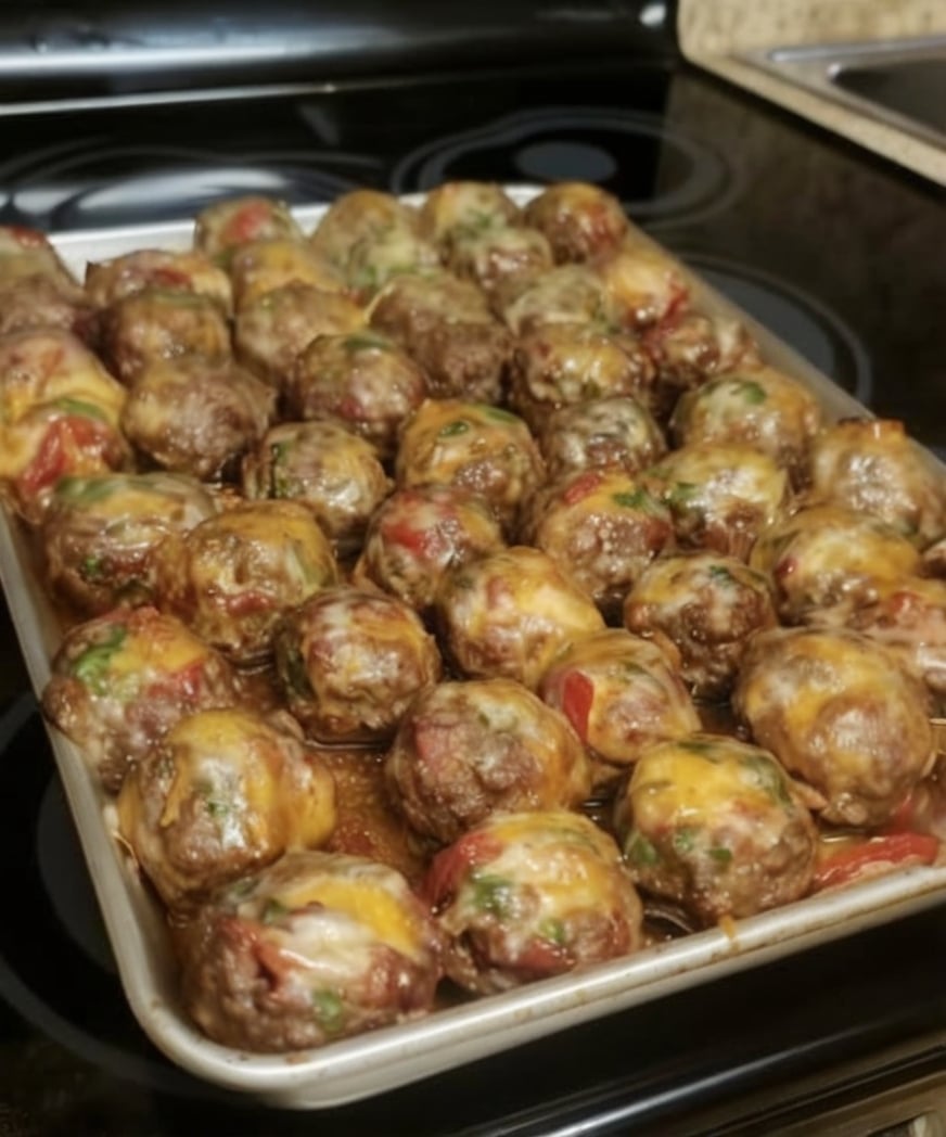 These Cheesy Baked Meatballs are tender, juicy, and topped with melted cheddar cheese, diced tomatoes, and sweet bell peppers. Ready in about 35 minutes, this easy one-pan dinner is perfect for busy weeknights or cozy family meals.