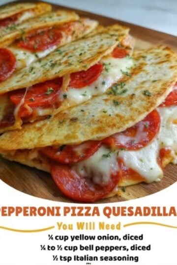 These Pepperoni Pizza Quesadillas combine crispy golden tortillas with gooey mozzarella cheese, savory pepperoni, sautéed onions and peppers, and Italian seasoning. Ready in just 20 minutes, they're an easy family dinner or fun lunch that's perfect with warm pizza sauce for dipping.