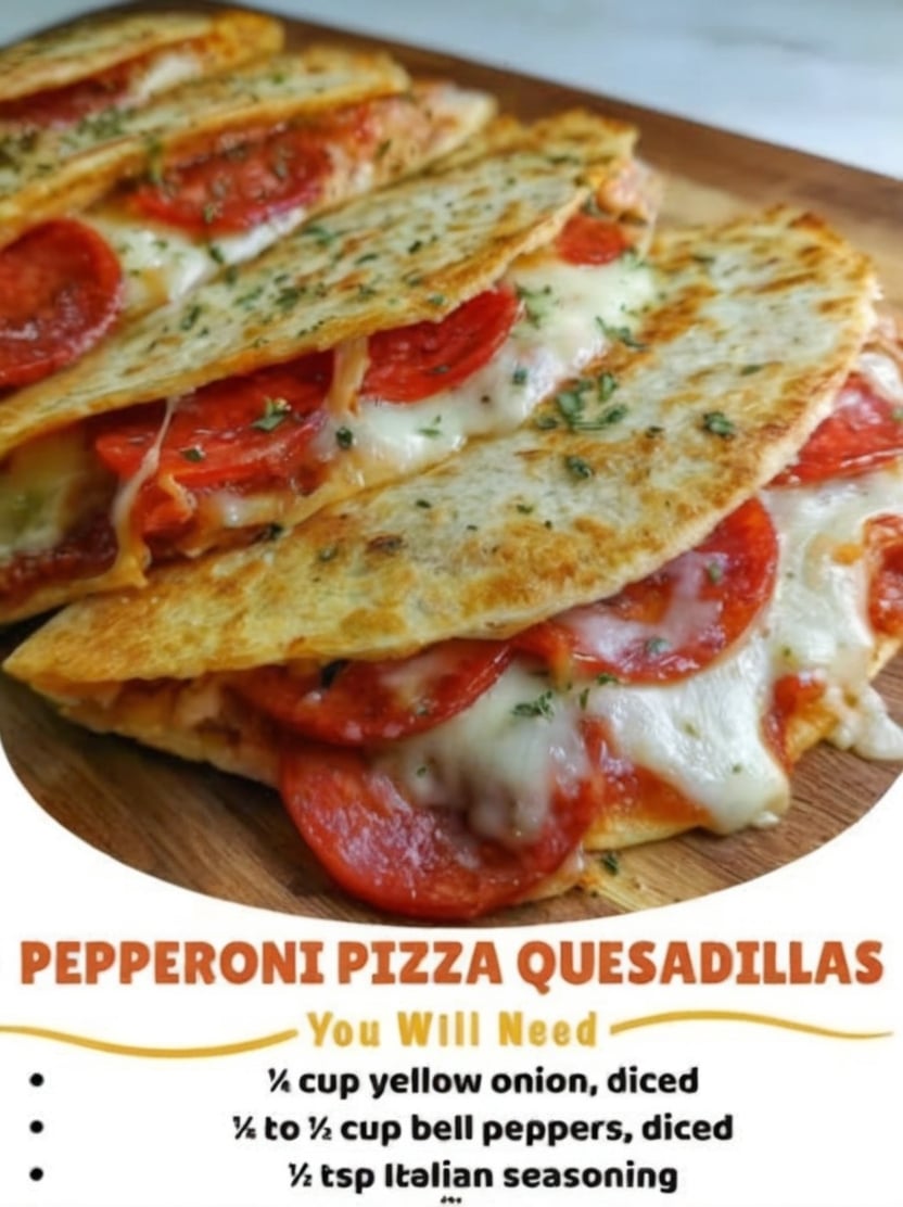These Pepperoni Pizza Quesadillas combine crispy golden tortillas with gooey mozzarella cheese, savory pepperoni, sautéed onions and peppers, and Italian seasoning. Ready in just 20 minutes, they're an easy family dinner or fun lunch that's perfect with warm pizza sauce for dipping.