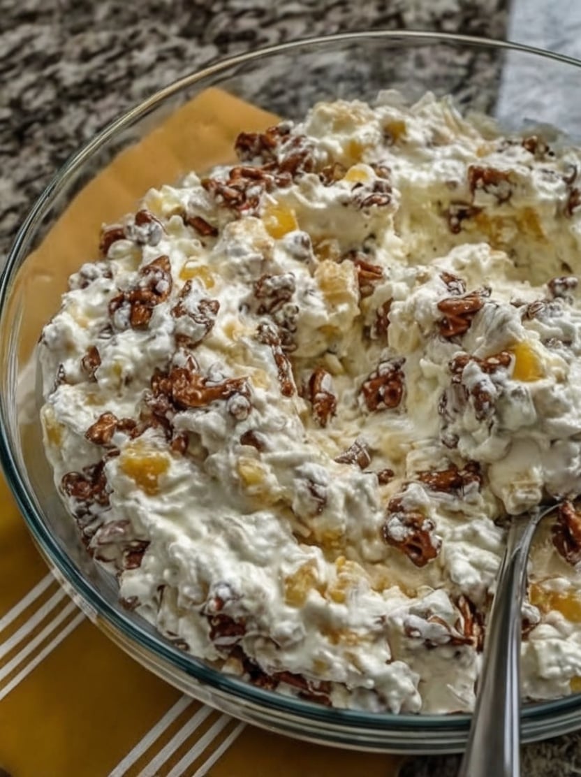 Paste the fields below straight into the WP Recipe Maker editor. Headings map to the standard recipe-card fields; the ingredient and instruction blocks go into their matching repeaters. Recipe Name: Pineapple Crackle Salad Summary: A sweet-and-salty potluck dessert that pairs cloud-like cream cheese fluff and tart pineapple with a candied pretzel "crackle" that stays crunchy. Make the base ahead and fold in the pretzels right before serving. Course: Dessert, Side Dish Cuisine: American Keyword: pineapple crackle salad, pretzel salad, pineapple fluff Prep Time: 20 minutes Cook Time: 10 minutes Chill Time: 1 hour Total Time: 1 hour 30 minutes Servings: 12 servings Calories: ~340 kcal per serving (estimate) Author: [Your name] Ingredients Candied Pretzel Crackle 2 cups mini pretzels, coarsely crushed (about 4 oz) 6 tbsp unsalted butter, melted ⅓ cup light brown sugar, packed Creamy Base 16 oz full-fat cream cheese (2 blocks), softened to room temperature ¾ cup granulated sugar 1 tsp pure vanilla extract 8 oz stabilized whipped topping, thawed 20 oz canned pineapple chunks or tidbits, very well drained (or 2 cups fresh pineapple, finely chopped and drained) Instructions Bake the crackle. Preheat oven to 350°F (175°C) and line a rimmed baking sheet with parchment. Toss crushed pretzels with melted butter and brown sugar until evenly coated, then spread in a single layer. Bake 8–10 minutes, stirring once, until the sugar is bubbling. Cool completely on the pan—the coating hardens as it cools—then break up any large clumps. Whip the base. In a large bowl, beat the softened cream cheese, granulated sugar, and vanilla with a hand mixer until completely smooth, about 2 minutes, scraping down the bowl as needed. Fold in the topping. Add the whipped topping and gently fold it in with a rubber spatula until just combined—fold, don't stir, to keep it airy. Add the pineapple. Gently fold in the well-drained pineapple until evenly distributed. Chill. Cover and refrigerate the base at least 1 hour (or up to 2 days). Keep the candied pretzels separate at room temperature. Assemble at serving. Just before serving, fold in about two-thirds of the candied pretzels and scatter the rest over the top. Notes Drain aggressively. Press the pineapple in a fine-mesh sieve until no more juice releases—excess liquid is the main cause of a runny salad. Full-fat only. Reduced-fat cream cheese carries more water and produces a looser, weepier fluff. Keep components separate until serving so the pretzels stay crunchy. Make-ahead: base up to 2 days in advance (fridge); candied pretzels in a separate airtight container at room temperature. Storage: combined leftovers keep ~2 days refrigerated, though the pretzels soften. Does not freeze well. Nutrition is an estimate and will vary with brands and portion size.