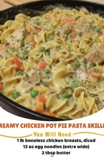 This Creamy Chicken Pot Pie Noodle Skillet combines tender chicken, egg noodles, peas, carrots, and a rich homemade cream sauce for an easy one-pan comfort food dinner. It has all the cozy flavors of classic chicken pot pie without the extra work of making a crust.