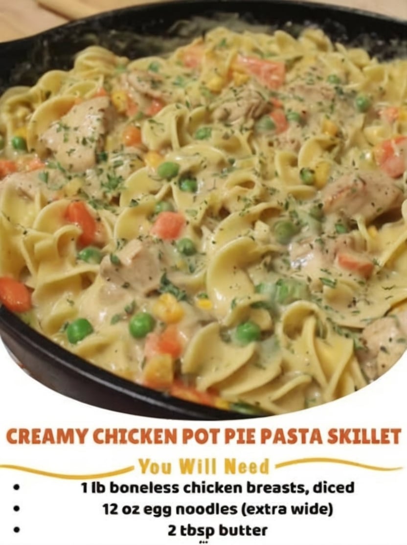 This Creamy Chicken Pot Pie Noodle Skillet combines tender chicken, egg noodles, peas, carrots, and a rich homemade cream sauce for an easy one-pan comfort food dinner. It has all the cozy flavors of classic chicken pot pie without the extra work of making a crust.