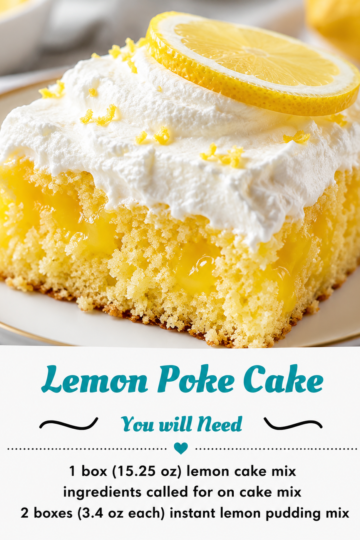 "Moist lemon poke cake topped with fluffy whipped cream, fresh lemon slices, and creamy lemon pudding filling for a refreshing homemade summer dessert."