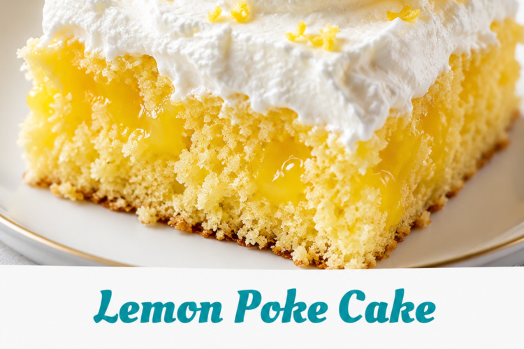 "Moist lemon poke cake topped with fluffy whipped cream, fresh lemon slices, and creamy lemon pudding filling for a refreshing homemade summer dessert."