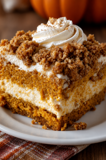 Pumpkin cream cheese crumble cake with spiced pumpkin cake, creamy cheesecake-style filling, golden cinnamon crumble topping, and whipped cream dusted with cinnamon.