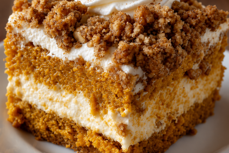 Pumpkin cream cheese crumble cake with spiced pumpkin cake, creamy cheesecake-style filling, golden cinnamon crumble topping, and whipped cream dusted with cinnamon.