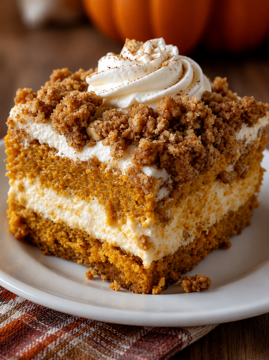 Pumpkin cream cheese crumble cake with spiced pumpkin cake, creamy cheesecake-style filling, golden cinnamon crumble topping, and whipped cream dusted with cinnamon.