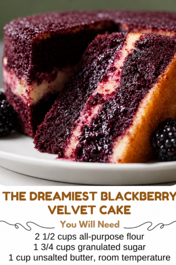 Moist blackberry velvet cake layered with creamy vanilla filling and fresh blackberry preserves, served with whole blackberries as a rich homemade dessert."