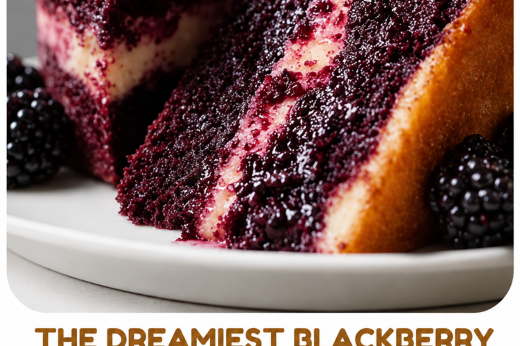Moist blackberry velvet cake layered with creamy vanilla filling and fresh blackberry preserves, served with whole blackberries as a rich homemade dessert."