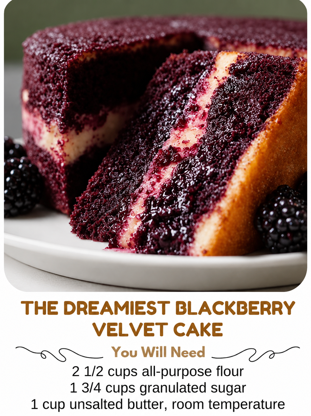 Moist blackberry velvet cake layered with creamy vanilla filling and fresh blackberry preserves, served with whole blackberries as a rich homemade dessert."
