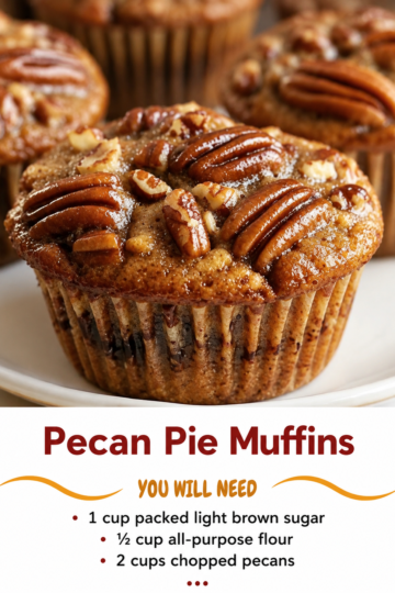 Pecan pie muffins with golden caramelized edges, soft buttery centers, chopped pecans inside, glossy pecan halves on top, and a light dusting of powdered sugar.