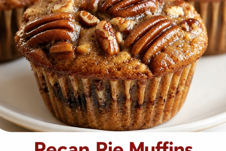 Pecan pie muffins with golden caramelized edges, soft buttery centers, chopped pecans inside, glossy pecan halves on top, and a light dusting of powdered sugar.