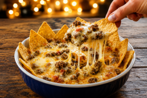 A warm bowl of Hot Sausage Beer Cheese Dip made with Italian sausage, sharp cheddar, mozzarella, Parmesan, and creamy beer cheese, served with soft pretzels, tortilla chips, and fresh vegetables on a rustic wooden table.