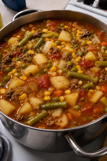 Hearty vegetable beef soup in a warm bowl with tender beef chunks, diced potatoes, carrots, celery, green beans, corn, tomatoes, and fresh parsley in a rich savory broth.