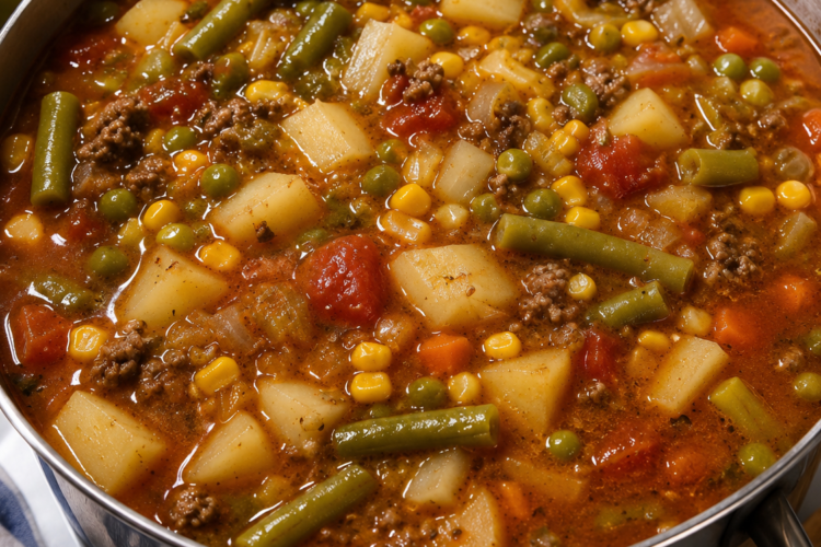 Hearty vegetable beef soup in a warm bowl with tender beef chunks, diced potatoes, carrots, celery, green beans, corn, tomatoes, and fresh parsley in a rich savory broth.