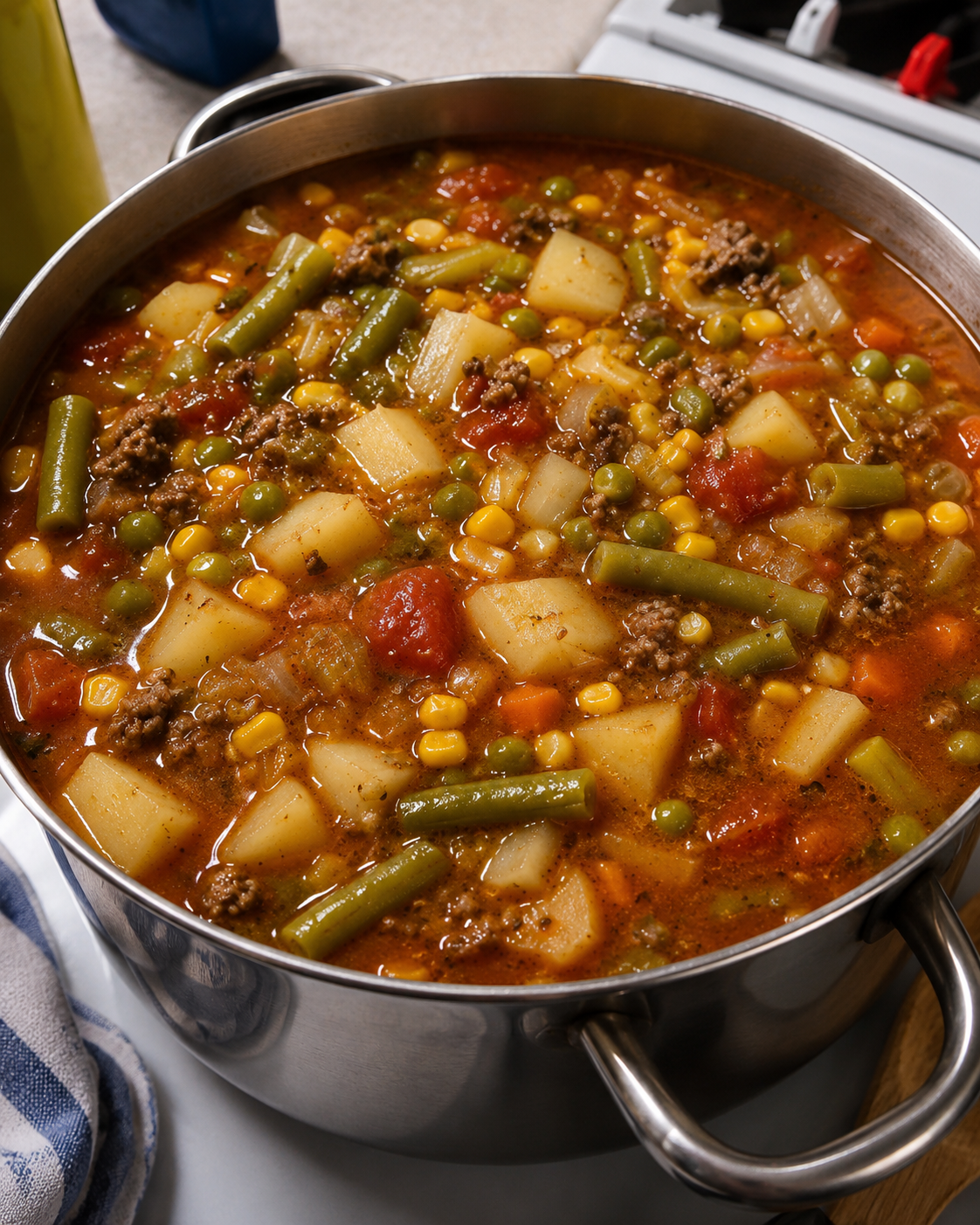 Hearty vegetable beef soup in a warm bowl with tender beef chunks, diced potatoes, carrots, celery, green beans, corn, tomatoes, and fresh parsley in a rich savory broth.