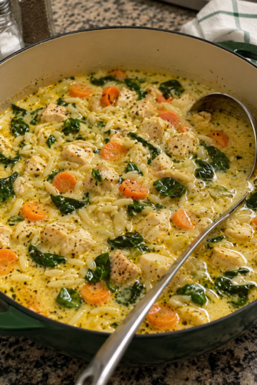 One-pot creamy chicken soup with orzo, vegetables, and spinach. Ready in under 40 minutes and packed with comforting, garlicky flavor.