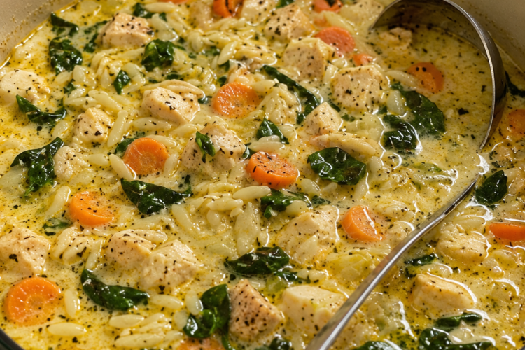 One-pot creamy chicken soup with orzo, vegetables, and spinach. Ready in under 40 minutes and packed with comforting, garlicky flavor.