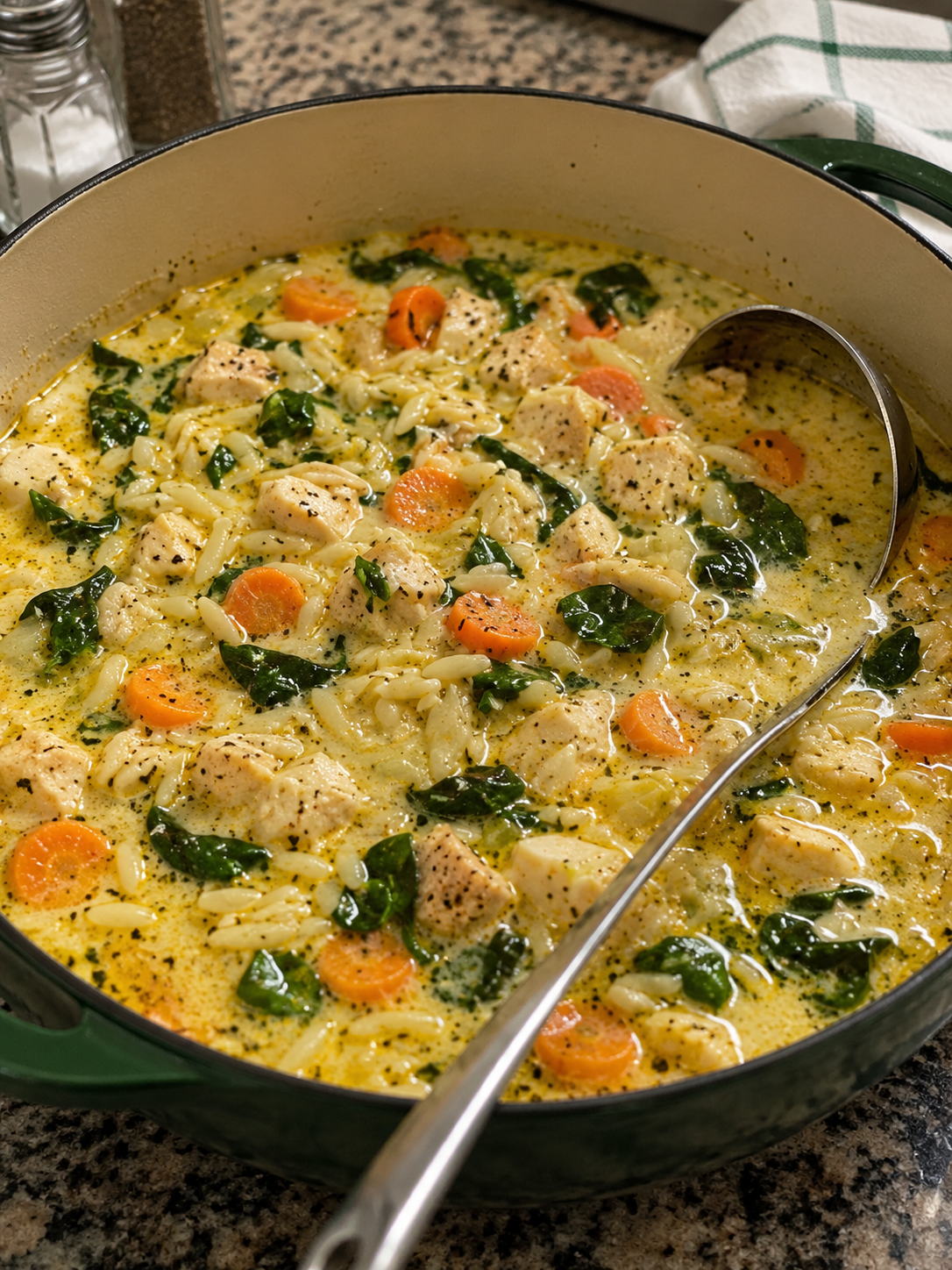 One-pot creamy chicken soup with orzo, vegetables, and spinach. Ready in under 40 minutes and packed with comforting, garlicky flavor.