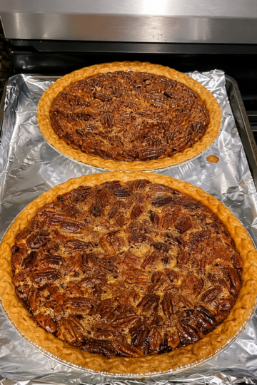 Classic pecan pie in a flaky deep-dish crust with glossy caramel filling, toasted pecan pieces, golden edges, and a rich buttery holiday dessert texture.