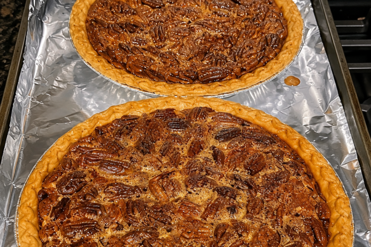 Classic pecan pie in a flaky deep-dish crust with glossy caramel filling, toasted pecan pieces, golden edges, and a rich buttery holiday dessert texture.