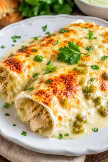 A baking dish filled with creamy white chicken enchiladas topped with melted golden Monterey Jack cheese and baked until bubbly. The soft flour tortillas are stuffed with tender shredded chicken and covered in a rich sour cream and green chile sauce, then garnished with fresh cilantro for a comforting American family dinner.