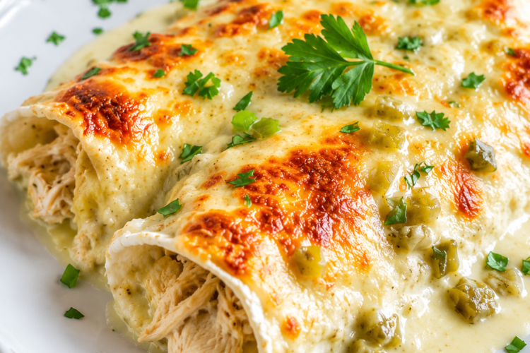 A baking dish filled with creamy white chicken enchiladas topped with melted golden Monterey Jack cheese and baked until bubbly. The soft flour tortillas are stuffed with tender shredded chicken and covered in a rich sour cream and green chile sauce, then garnished with fresh cilantro for a comforting American family dinner.