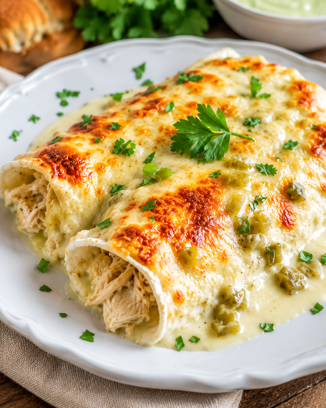 A baking dish filled with creamy white chicken enchiladas topped with melted golden Monterey Jack cheese and baked until bubbly. The soft flour tortillas are stuffed with tender shredded chicken and covered in a rich sour cream and green chile sauce, then garnished with fresh cilantro for a comforting American family dinner.