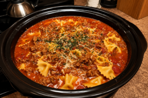 A rustic bowl of One Pot Lasagna Soup filled with seasoned ground beef, Italian sausage, tender lasagna noodles, and a rich tomato broth, topped with creamy ricotta, melted mozzarella, grated Parmesan, and fresh basil. The hearty Italian-inspired soup is served with slices of garlic bread on a wooden table, creating the perfect comforting family dinner.