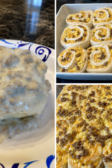 Breakfast rolls with sausage, scrambled eggs, and melted cheese baked in soft golden dough, topped with creamy peppered sausage gravy for a hearty American breakfast.