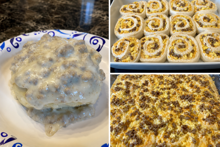 Breakfast rolls with sausage, scrambled eggs, and melted cheese baked in soft golden dough, topped with creamy peppered sausage gravy for a hearty American breakfast.