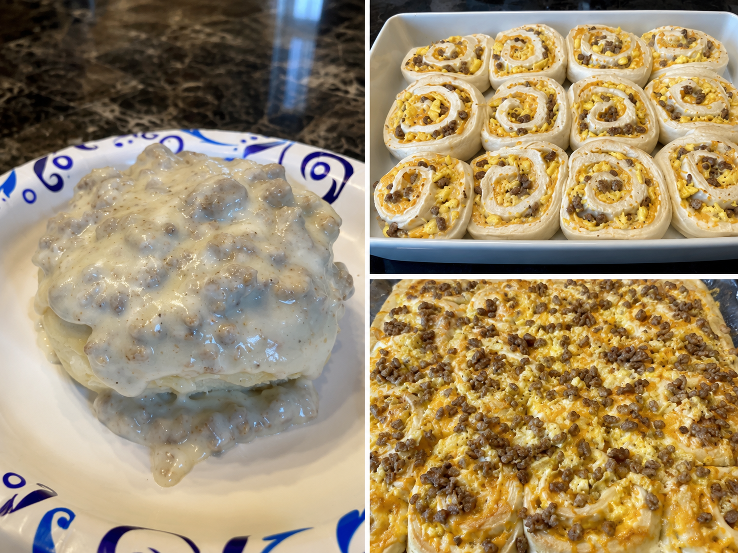 Breakfast rolls with sausage, scrambled eggs, and melted cheese baked in soft golden dough, topped with creamy peppered sausage gravy for a hearty American breakfast.