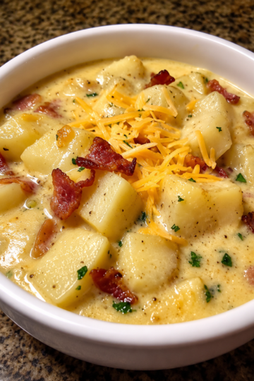 Old-Fashioned Loaded Potato Soup topped with crispy bacon, shredded sharp cheddar cheese, sour cream, diced ham, and fresh green onions in a rustic bowl. This rich and creamy homemade potato soup is the ultimate American comfort food, perfect for cozy family dinners, cold winter nights, and hearty lunch recipes.