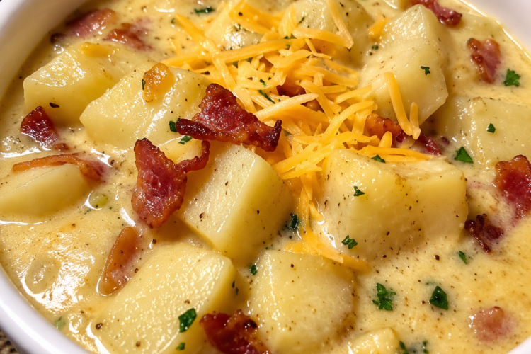 Old-Fashioned Loaded Potato Soup topped with crispy bacon, shredded sharp cheddar cheese, sour cream, diced ham, and fresh green onions in a rustic bowl. This rich and creamy homemade potato soup is the ultimate American comfort food, perfect for cozy family dinners, cold winter nights, and hearty lunch recipes.