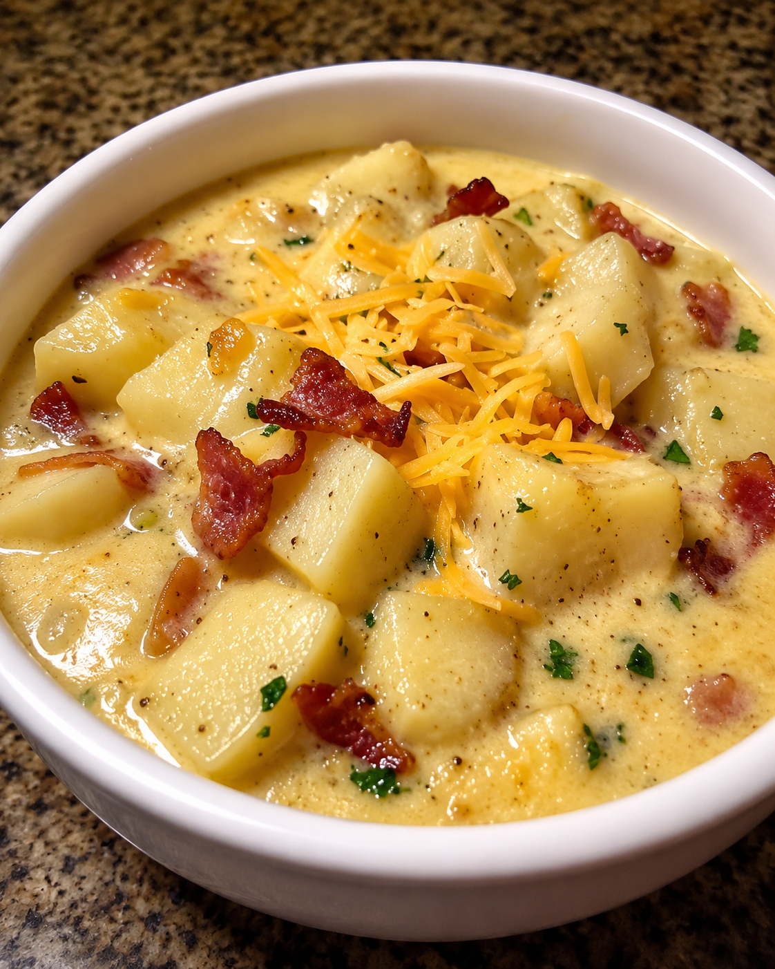 Old-Fashioned Loaded Potato Soup topped with crispy bacon, shredded sharp cheddar cheese, sour cream, diced ham, and fresh green onions in a rustic bowl. This rich and creamy homemade potato soup is the ultimate American comfort food, perfect for cozy family dinners, cold winter nights, and hearty lunch recipes.