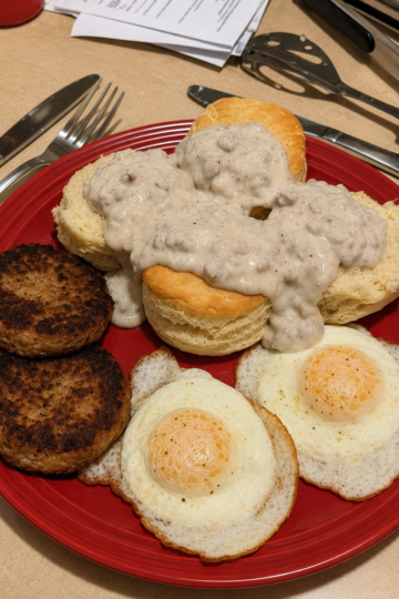 Southern biscuits and sausage gravy breakfast plate with fluffy buttermilk biscuits covered in creamy peppered sausage gravy, crispy sausage patties, and fried eggs.