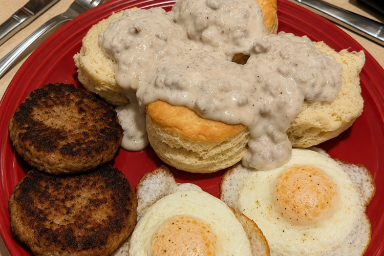 Southern biscuits and sausage gravy breakfast plate with fluffy buttermilk biscuits covered in creamy peppered sausage gravy, crispy sausage patties, and fried eggs.