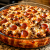 A cheesy Meat Lovers Pizza Casserole baked in a casserole dish with tender penne pasta, seasoned ground beef, Italian sausage, crispy bacon, pepperoni, rich marinara sauce, and melted mozzarella, cheddar, and Parmesan cheese. This hearty baked pasta is golden, bubbly, and garnished with fresh parsley, making it the perfect comfort food for family dinners, potlucks, and game day gatherings.