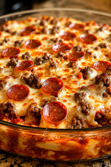 A cheesy Meat Lovers Pizza Casserole baked in a casserole dish with tender penne pasta, seasoned ground beef, Italian sausage, crispy bacon, pepperoni, rich marinara sauce, and melted mozzarella, cheddar, and Parmesan cheese. This hearty baked pasta is golden, bubbly, and garnished with fresh parsley, making it the perfect comfort food for family dinners, potlucks, and game day gatherings.