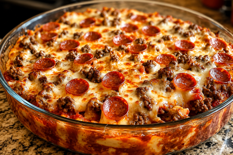 A cheesy Meat Lovers Pizza Casserole baked in a casserole dish with tender penne pasta, seasoned ground beef, Italian sausage, crispy bacon, pepperoni, rich marinara sauce, and melted mozzarella, cheddar, and Parmesan cheese. This hearty baked pasta is golden, bubbly, and garnished with fresh parsley, making it the perfect comfort food for family dinners, potlucks, and game day gatherings.