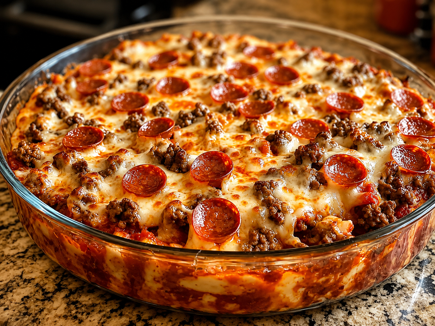 A cheesy Meat Lovers Pizza Casserole baked in a casserole dish with tender penne pasta, seasoned ground beef, Italian sausage, crispy bacon, pepperoni, rich marinara sauce, and melted mozzarella, cheddar, and Parmesan cheese. This hearty baked pasta is golden, bubbly, and garnished with fresh parsley, making it the perfect comfort food for family dinners, potlucks, and game day gatherings.