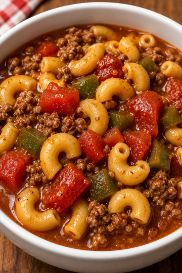 Old-Fashioned Crockpot Goulash made with seasoned ground beef, tender elbow macaroni, bell peppers, sweet peas, and a rich tomato sauce, served in a rustic bowl and garnished with fresh parsley. A hearty American slow cooker comfort food perfect for family dinners and meal prep.